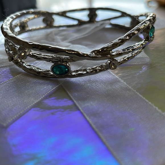 Silvertone Bangle with Blue and White Faux Gems 8” - Picture 4 of 4